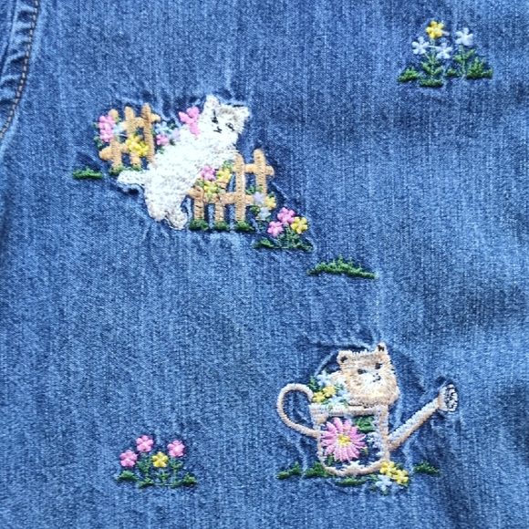 Vtg Kitty Cat Floral Garden Denim Button Down Shirt - Short Sleeve - Solutions M - Picture 2 of 13